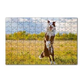 Cakapuzzle Sarı Çayırda Zıplayan Kahverengi Beyaz Köpek Yapboz MDF Puzzle
