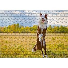 Cakapuzzle Sarı Çayırda Zıplayan Kahverengi Beyaz Köpek Yapboz MDF Puzzle