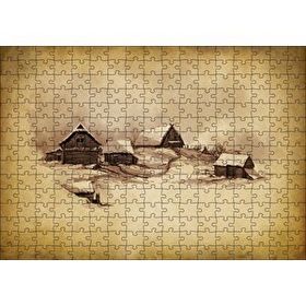 Cakapuzzle Sarı Zeminde Ahşap Çiftlik Evleri Çizim Görseli 255 Parça Puzzle