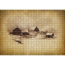 Cakapuzzle Sarı Zeminde Ahşap Çiftlik Evleri Çizim Görseli 500 Parça Puzzle