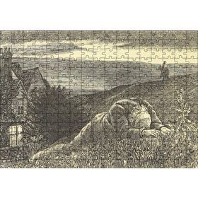 Cakapuzzle Şato Tepeler Yeldeğirmeni ve Uzanan Adam 120 Parça Ahşap Puzzle