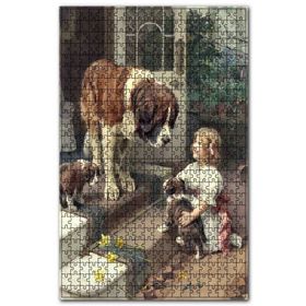 Cakapuzzle Sen Bernard Yavru Köpekler ve Küçük Kız Ahşap 255 Parça Puzzle