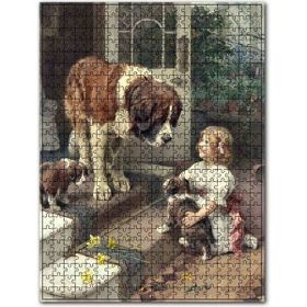 Cakapuzzle Sen Bernard Yavru Köpekler ve Küçük Kız Ahşap 500 Parça Puzzle