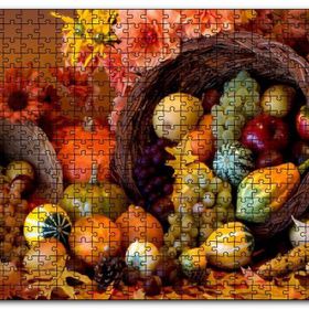 Cakapuzzle Sepetler ve Dökülen Karışık Meyveler Mdf 1000 Parça Puzzle