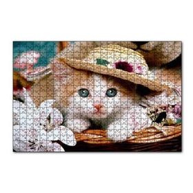 Cakapuzzle Sepette Şapkalı Yavru Kedi ve Çiçekler 120 Parça Ahşap Puzzle