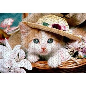 Cakapuzzle Sepette Şapkalı Yavru Kedi ve Çiçekler 120 Parça Ahşap Puzzle