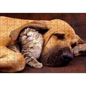 Cakapuzzle Sevimli Sharpy Köpek ve Yavru Kedi 120 Parça Ahşap Puzzle