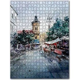 Cakapuzzle Şirin Sokak Dükkanlar ve Çan Kulesi Ahşap 255 Parça Puzzle