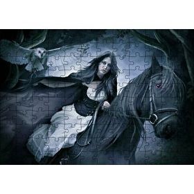 Cakapuzzle Siyah Atlı Gotik Kız ve Baykuş 120 Parça Ahşap Puzzle