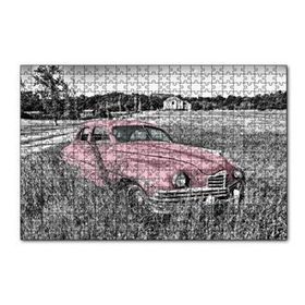 Cakapuzzle Siyah Beyaz Çayırlardaki Eski Kırmızı Araba 120 Parça Ahşap Puzzle