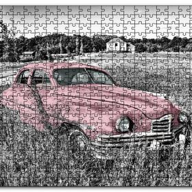 Cakapuzzle Siyah Beyaz Çayırlardaki Eski Kırmızı Araba Mdf 500 Parça Puzzle
