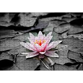 Cakapuzzle Siyah Beyaz Lotus Yaprakları ve Pembe Nilüfer Çiçeği 120 Parça Ahşap Puzzle