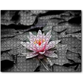 Cakapuzzle Siyah Beyaz Lotus Yaprakları ve Pembe Nilüfer Çiçeği 120 Parça Puzzle