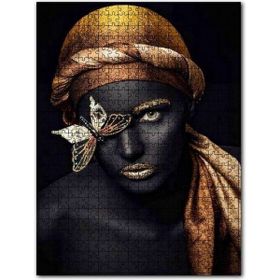 Cakapuzzle Siyahi Kadın Altın Eşarp Makyaj ve Altın Kelebek 255 Parça Puzzle