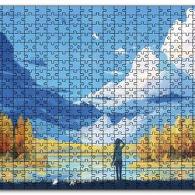 Cakapuzzle Sonbahar Ağaçları Bulutlar Göl ve Kız Yağlıboya Mdf 1000 Parça Puzzle