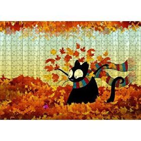 Cakapuzzle Sonbahar Atkılı Kara Kedi Ve Fare Görseli 120 Parça Ahşap Puzzle