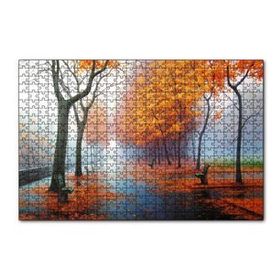 Cakapuzzle Sonbahar Rengi Ağaçlar Sis ve Boş Banklar 120 Parça Ahşap Puzzle