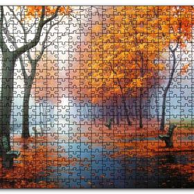 Cakapuzzle Sonbahar Rengi Ağaçlar Sis ve Boş Banklar Mdf 120 Parça Puzzle