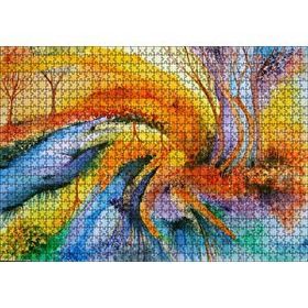 Cakapuzzle Soyut Sanat Ağaç Nehir Turuncu Mavi Görsel 1000 Parça Ahşap Puzzle