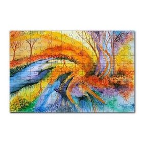 Cakapuzzle Soyut Sanat Ağaç Nehir Turuncu Mavi Görsel 120 Parça Ahşap Puzzle