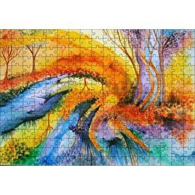 Cakapuzzle Soyut Sanat Ağaç Nehir Turuncu Mavi Görsel 120 Parça Ahşap Puzzle