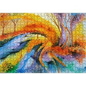 Cakapuzzle Soyut Sanat Ağaç Nehir Turuncu Mavi Görsel 120 Parça Ahşap Puzzle