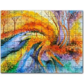 Cakapuzzle Soyut Sanat Ağaç Nehir Turuncu Mavi Görsel 255 Parça Ahşap Puzzle