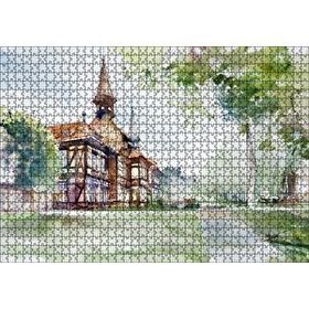 Cakapuzzle Suluboya Efekt Binalar ve Ağaçlar Çizim 120 Parça Ahşap Puzzle