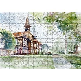 Cakapuzzle Suluboya Efekt Binalar ve Ağaçlar Çizim 120 Parça Ahşap Puzzle