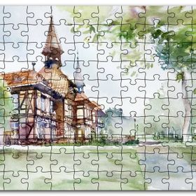 Cakapuzzle Suluboya Efekt Binalar ve Ağaçlar Çizim Mdf 120 Parça Puzzle