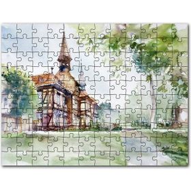 Cakapuzzle Suluboya Efekt Binalar ve Ağaçlar Çizim Mdf 255 Parça Puzzle