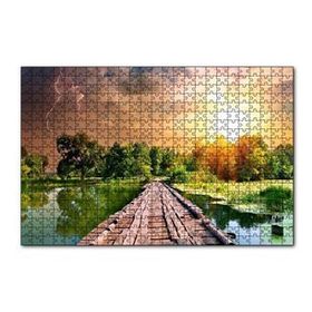 Cakapuzzle Tahta Köprü Göl Ağaçlar Bulutlu Güneş Görseli 120 Parça Ahşap Puzzle