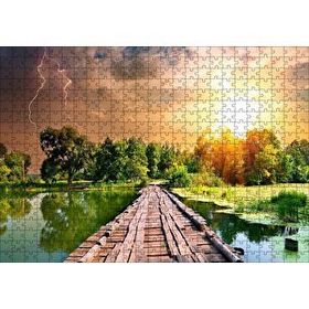 Cakapuzzle Tahta Köprü Göl Ağaçlar Bulutlu Güneş Görseli 120 Parça Ahşap Puzzle