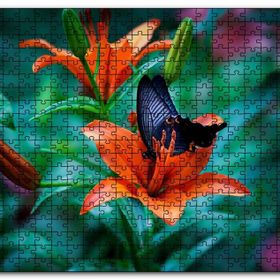 Cakapuzzle Truncu Lilyum Çiçeği ve Mavi Kelebek Görseli Mdf 500 Parça Puzzle