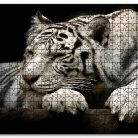 Cakapuzzle Uyuklayan Beyaz Kaplan Karanlık Arkaplan Mdf 1000 Parça Puzzle