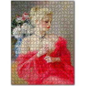 Cakapuzzle Yağlı Boya Resmi Kırmızılı Sarışın Kadın Görseli 120 Parça Puzzle