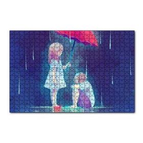 Cakapuzzle Yağmurda Kırmızı Şemsiyeli Küçük Kız ve Erkek Çizim 120 Parça Ahşap Puzzle
