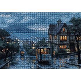Cakapuzzle Yağmurlu Sokaklar Tramvaylar ve Gece Işıkları Mdf 1000 Parça Puzzle