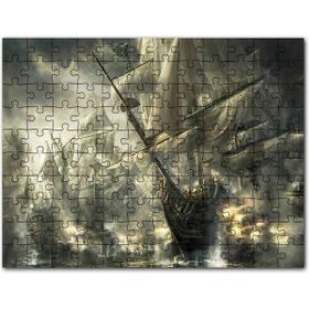 Cakapuzzle Yelkenli Gemiler İle Deniz Savaşı Çizim Görseli Mdf 120 Parça Puzzle