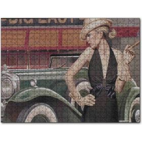 Cakapuzzle Yeşil Antika Araba ve Puro İçen Kadın Mdf 255 Parça Puzzle