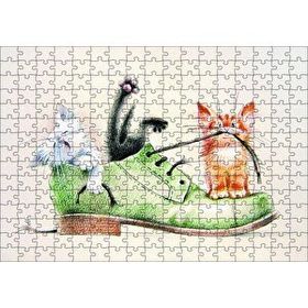 Cakapuzzle Yeşil Ayakkabı ve Içinde Yavru Kediler Karikatür 255 Parça Puzzle