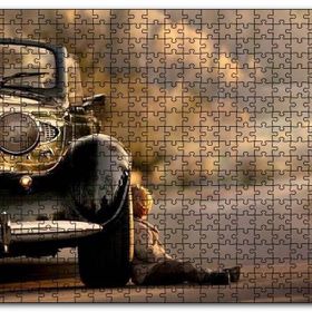 Cakapuzzle Yolda Antika Araba ve Çocuk Görseli Mdf 500 Parça Puzzle