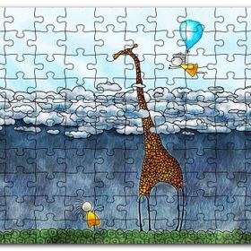 Cakapuzzle Zürafa İki Çocuk Bulutlar Boyama Sanat Eseri Mdf 1000 Parça Puzzle
