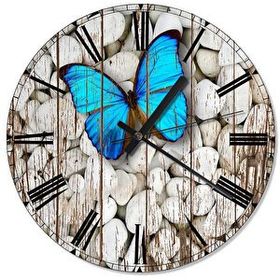Cakasaat Ahşap Zeminde Çakıl Kelebek Desenli Duvar SaatiDuvar Saati