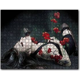 Cakatablo Kırmızı Güller Genç Kadın ve Siyah Kelebek 1000 Parça Puzzle