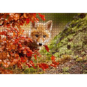 Cakatablo Kırmızı Yapraklar Arkasındaki Sevimli Yavru Tilki 1000 Parça Puzzle