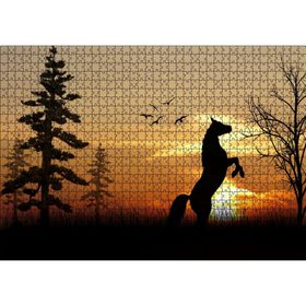 Cakatablo Şahlanan At Kuşlar Ağaçlar ve Günbatımı 1000 Parça Puzzle