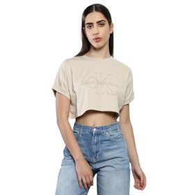 Calvin Klein J20J221048 Embroidered Monologo Cropped Tee Bej Kadın T-shirt