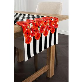 Cango Home CGH1070-RN Kırmızı Siyah Kareli Çizgili Çiçek Desenli 40x140 cm Dijital Baskılı Runner