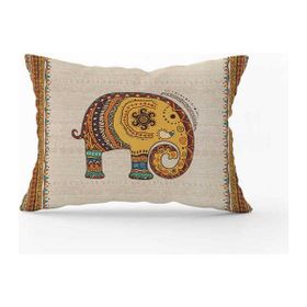 Cango Home CGH1256-3550 Çift Tarafı Baskılı - 35 x 50 cm Krem Etnik Fil Desenli Dijital Baskılı Kırlent Yastık Kılıfı